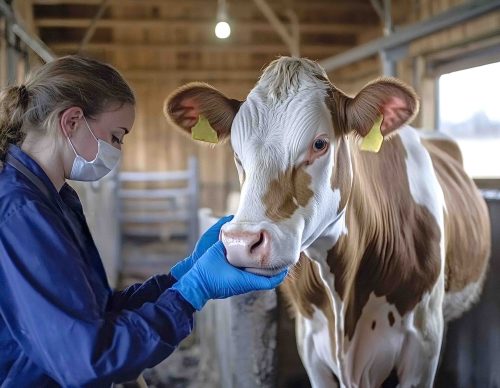 Veterinarian examining cow in barn setting Veterinarian in protective gear examines a cow in a barn, focusing on its health. The setting highlights the importance of animal care and veterinary practices in agriculture